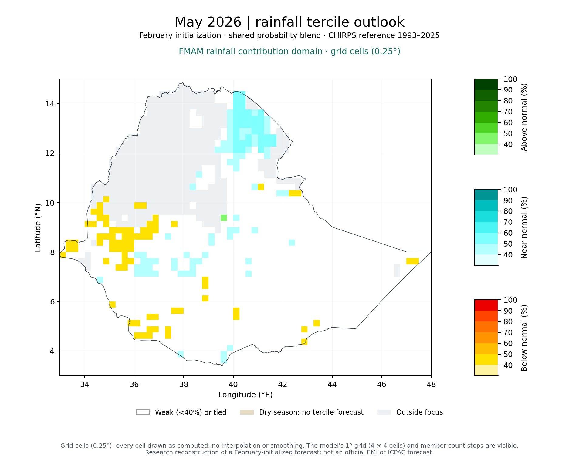 Map of May 2026 tercile probabilities for FMAM rainfall contribution domain (grid cells)